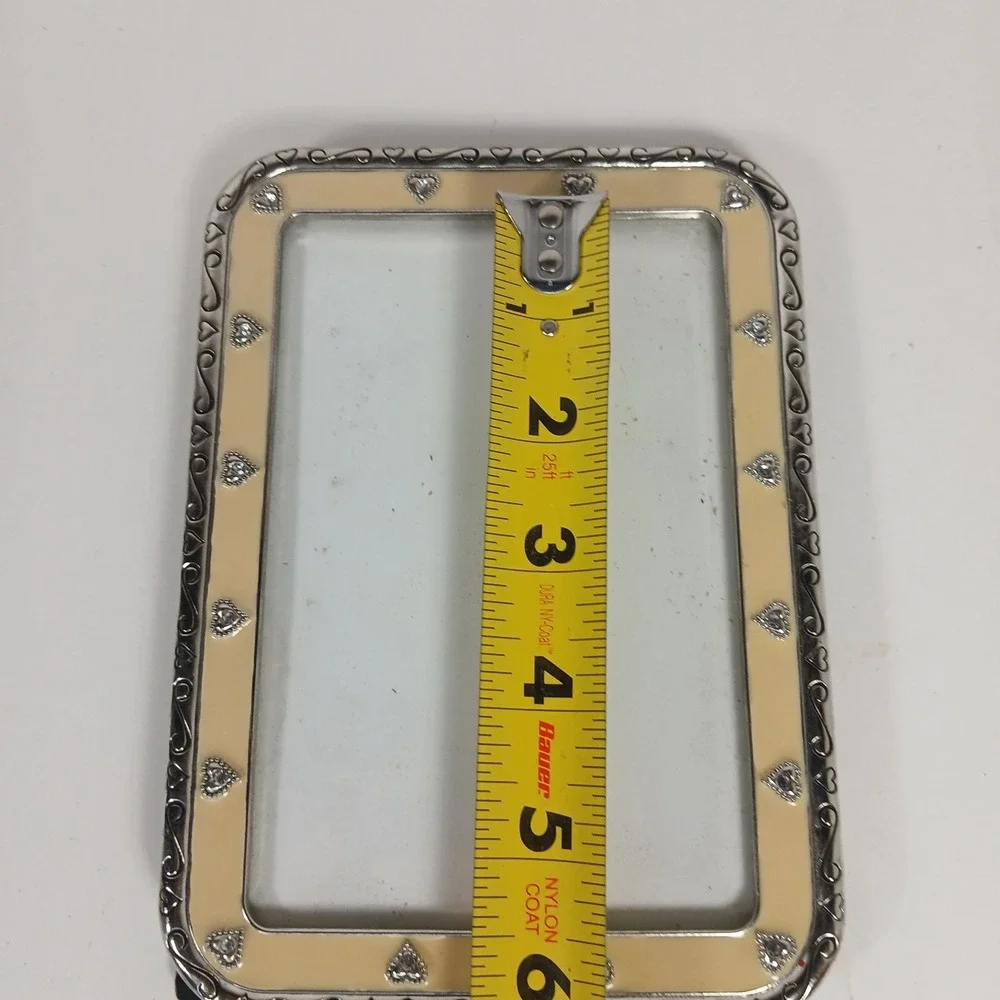 Photo Frame By Elsal Beige Enamel/Silver Tone With Hearts Rhinestones Swirl 5x7